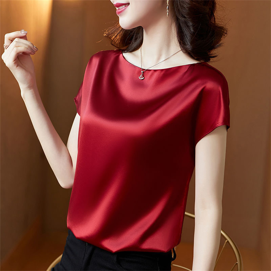 Büro Dame Tops Sommer Kurzarm Oansatz Blusen Satin Bluse Frauen Shirts Einfache Feste Beiläufige Lose Hemd Blusas DF4904