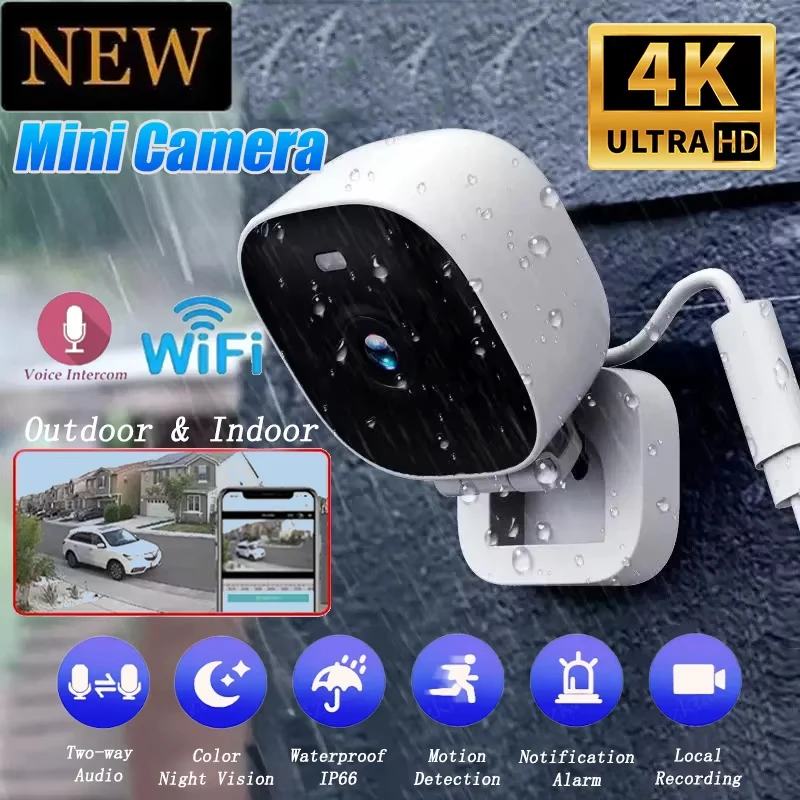 Nuevo Mini cámara de seguridad 4K, Monitor WiFi IP65, impermeable, visión nocturna a todo Color, detección de movimiento, vigilancia con Audio bidireccional