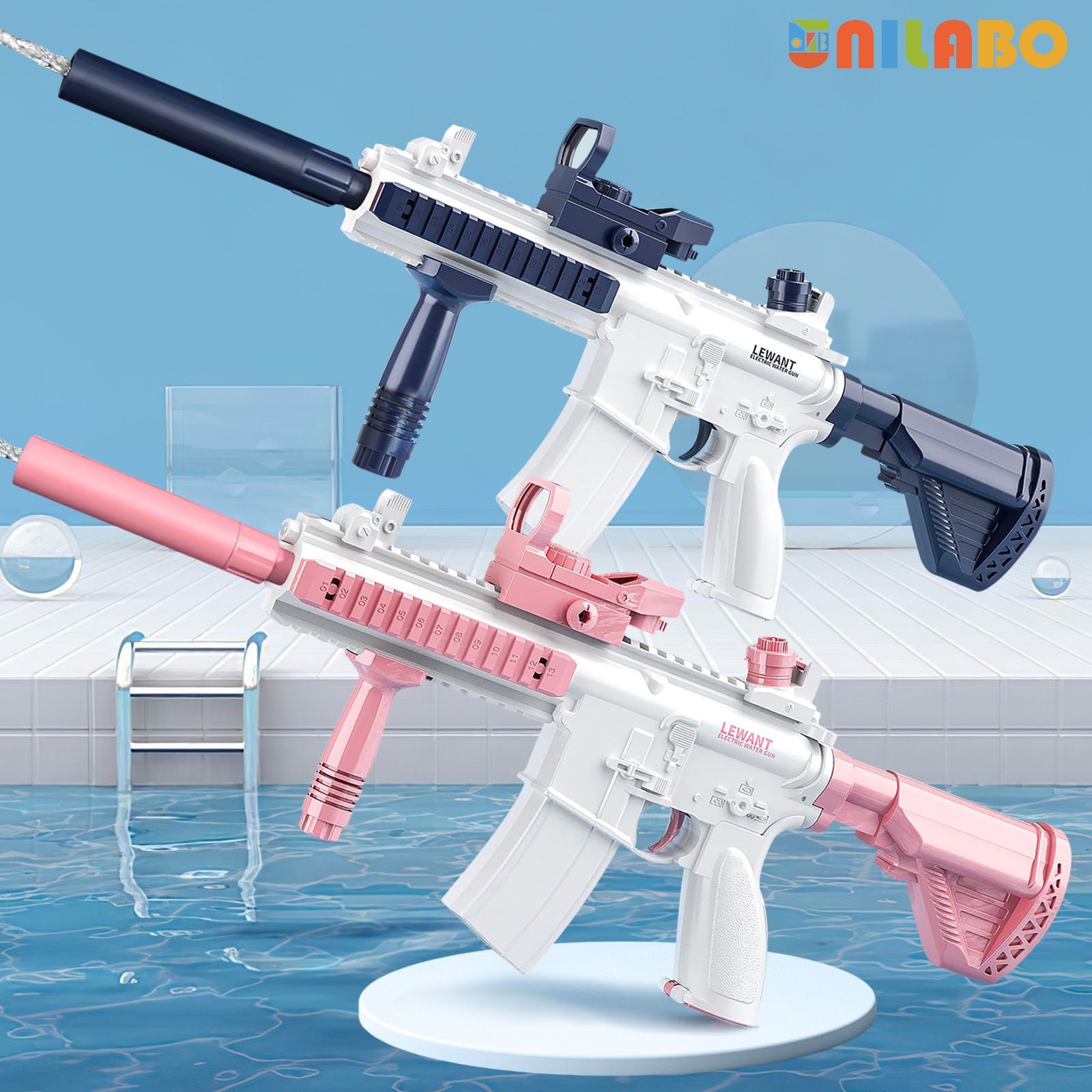 Unilabo M416 전기 물총 - 외부 물병 부착 장치로 배터리 구동 - 어린이 및 성인 야외 활동에 적합