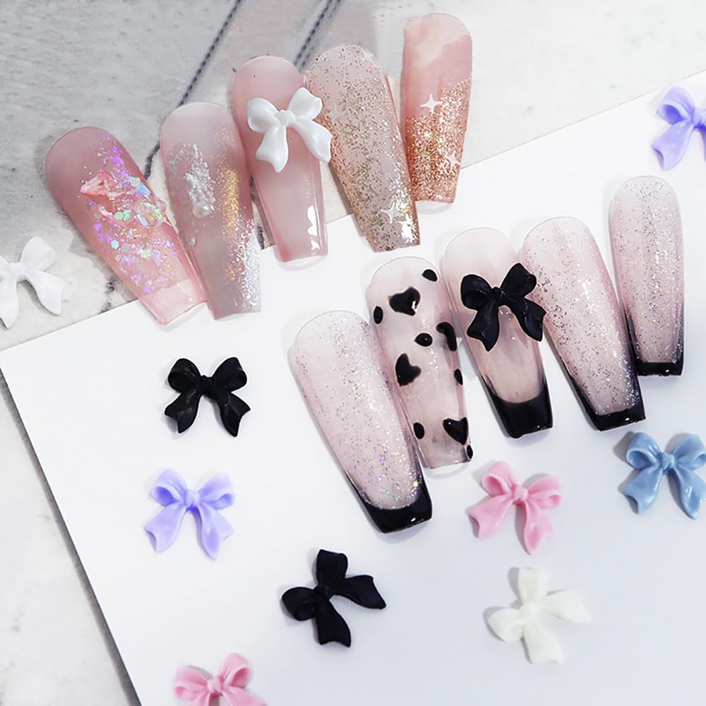 1Box Pink/White/Black Resin Flatback Bow Nail Art Charms 6 Grids (30Pcs)Cute Bowknot Nail Decorations for Acrylic Nails Manicure