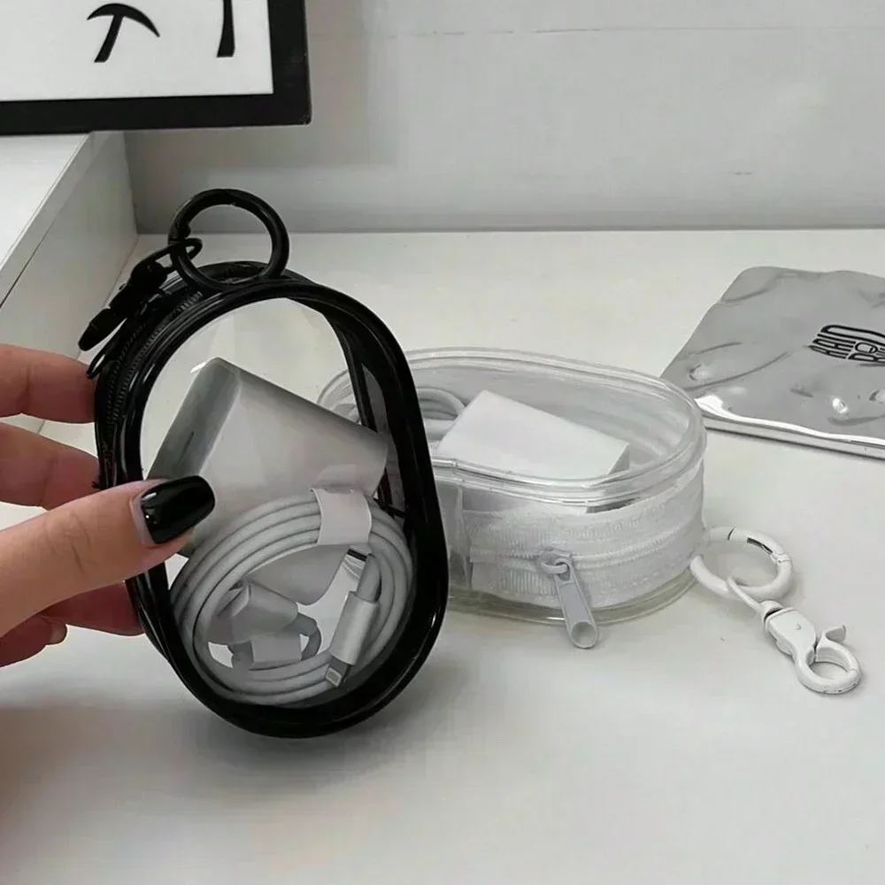 Portable Mini Transparent Storage Bag with Zipper Multifunctional Headphone and Charger Case Travel Accessories with Keychain