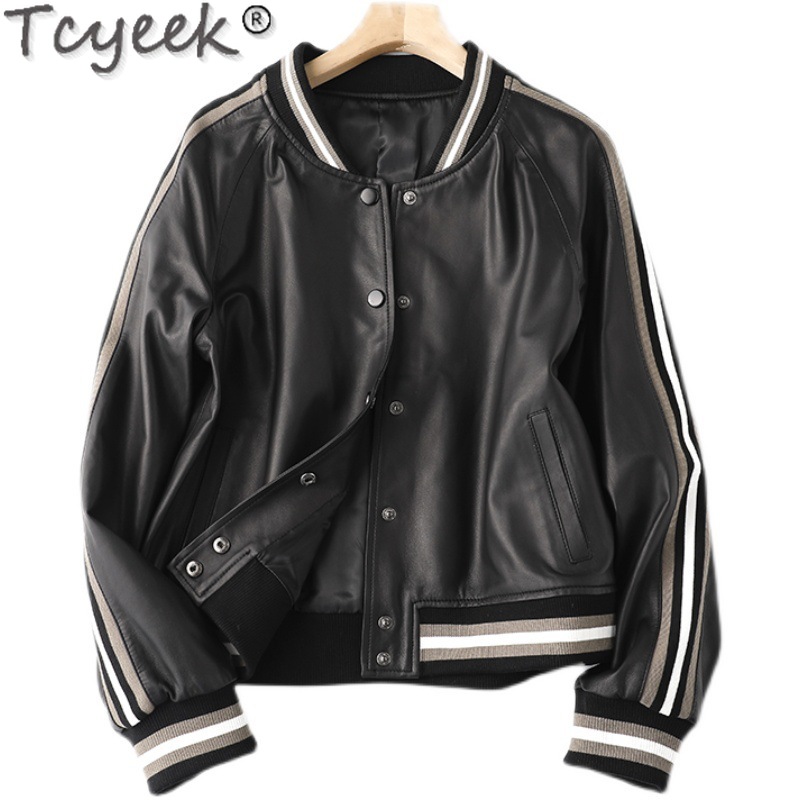 Tcyeekเสื้อแจ็คเก็ตหนังแท้ผู้หญิงSheepskinแท้เสื้อฤดูใบไม้ผลิฤดูใบไม้ร่วงเสื้อผ้า2024แจ็คเก็ตหนังสตรีสบายๆเสื้อเบสบอล