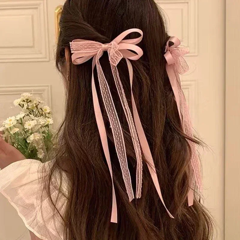 Cinta de satén de encaje, lazo, cinta, Clip de borde, corbata para mujer, doble cola de caballo, Clip para el cabello trenzado, decoración, accesorio para el cabello de alta gama 