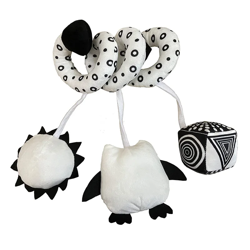 Brinquedos pendurados assento de carro berço móvel infantil bebê espiral cama de pelúcia carrinho barra preto e branco cor brinquedo com chocalhos bb squeaker
