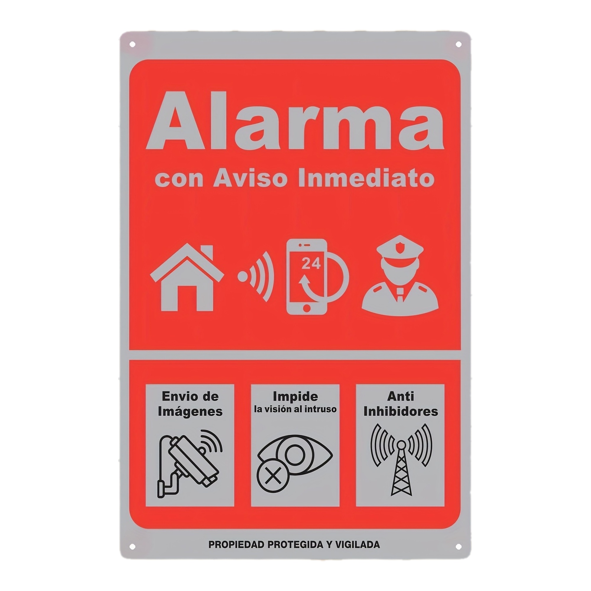 Señal de alarma de alerta instantánea, decoración de pared de hierro, rojo con iconos blancos, visión antiinstrusión, antiinhibidores, protección 24/7, P
