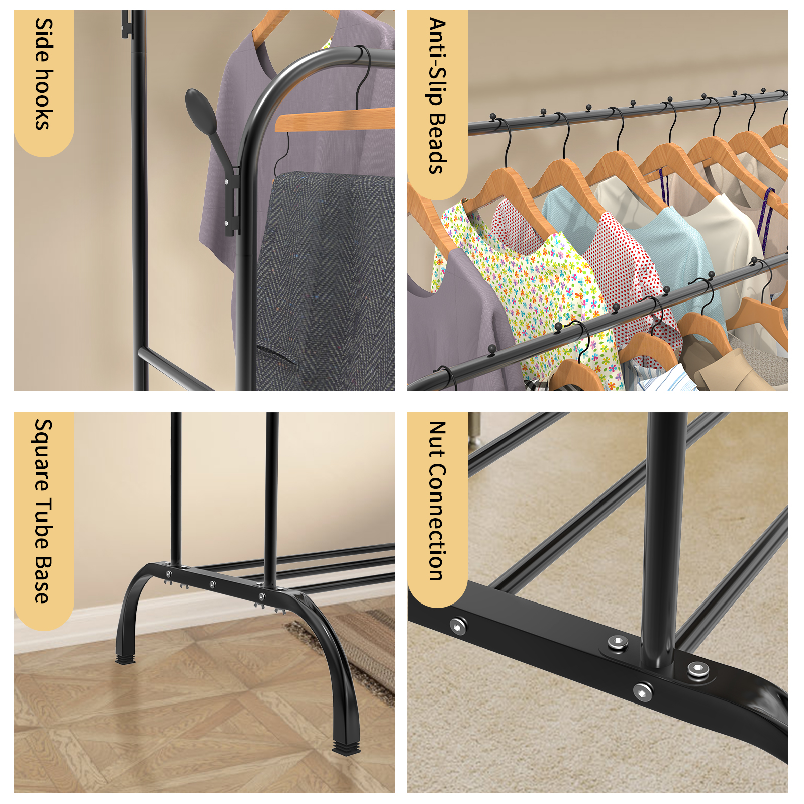 Metal Clothes Rail Coat Stand Clothes Rail for Bedroom Freestanding Garment Rack Hanger With 8 Side Hooks for Bedroom Office