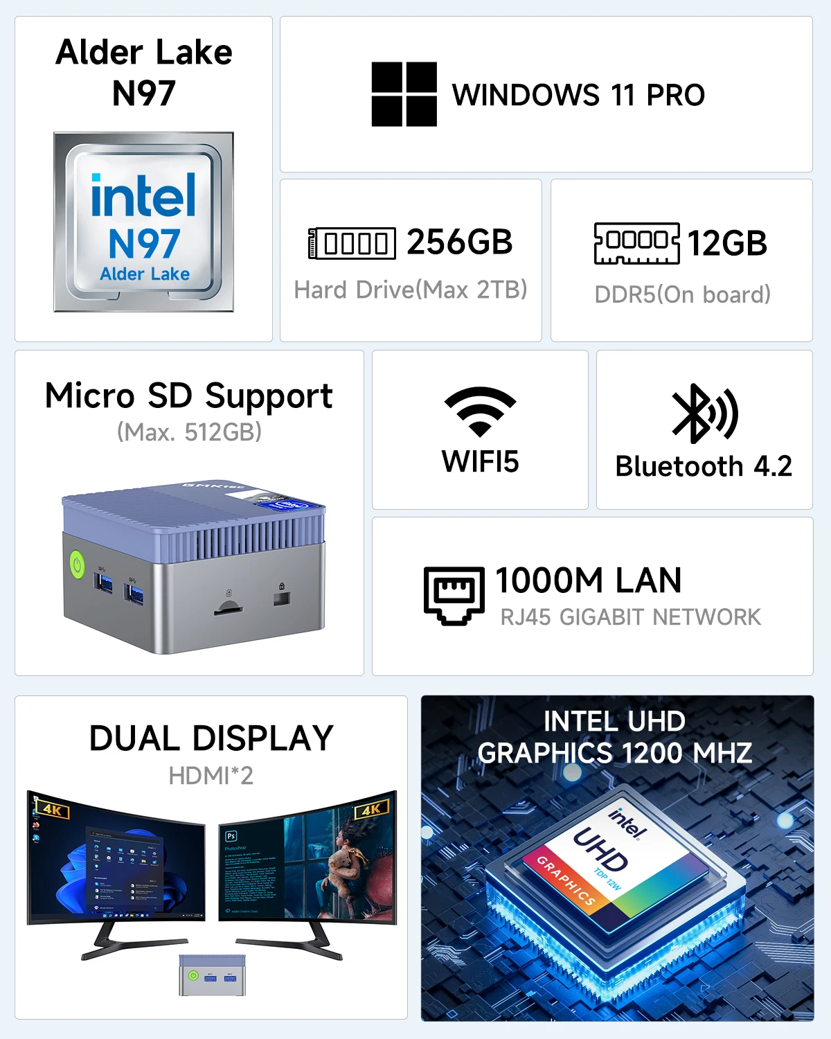 GMKtec Mini PC GMK G5 Blue NUCBOX Intel N97 system Window 11Pro DDR5 4800MHz WIFI 5 BT 5.0 GMKtec Mini Pc
