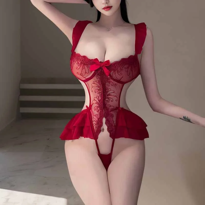 Toucheart Sexy bestickter Overall, Spitze, Playsuits, Damenmantel, aushöhlen, Dessous, Rüschen, Overalls, transparente sexy Bodys