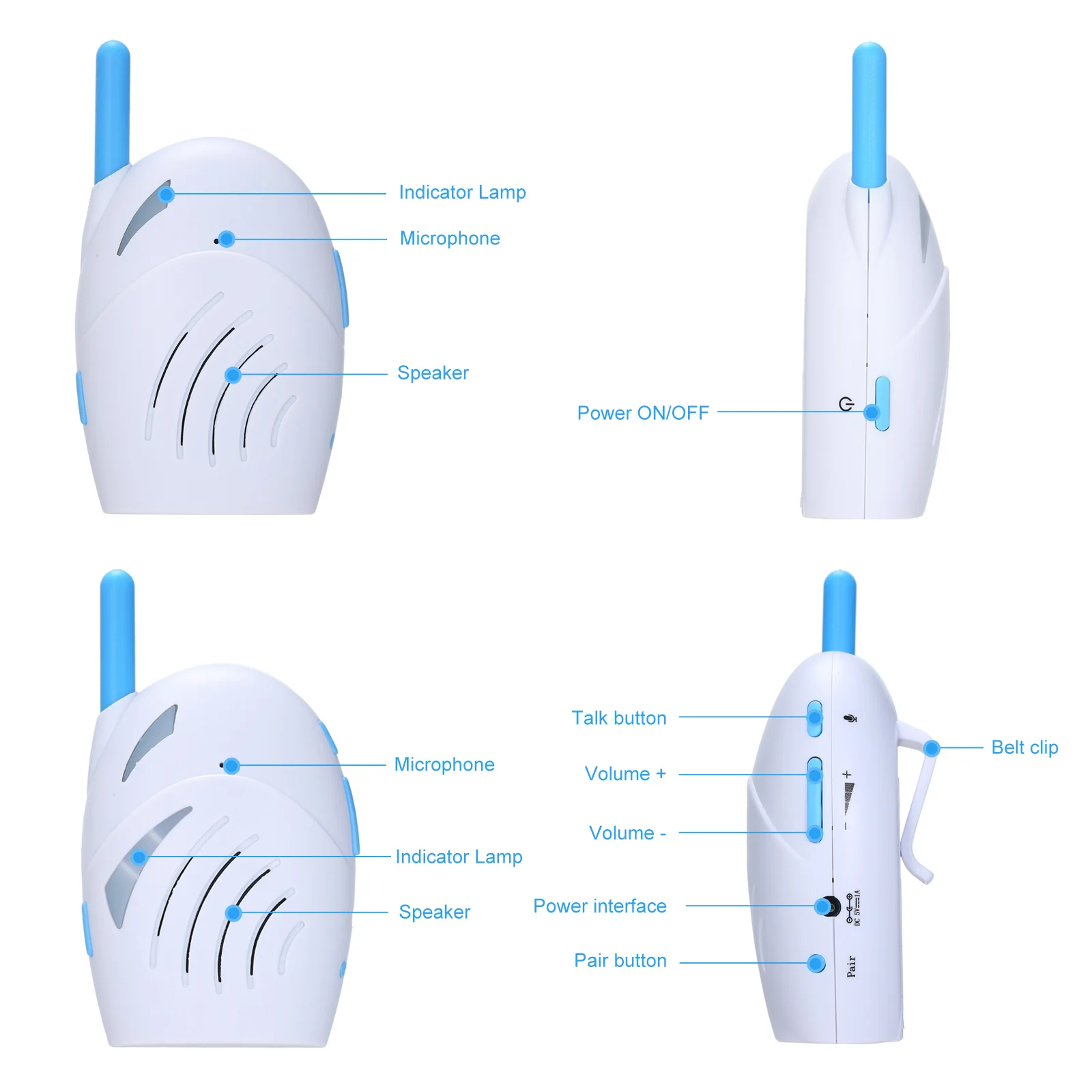 Portable 2.4GHz Wireless Digital Audio Baby Monitor Two Way Talk Crystal Clear Baby Cry Detector Sensitive Transmission