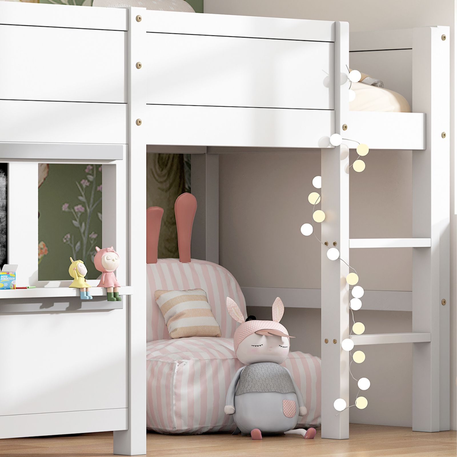 Lit maison, lit superposé, lit enfant, lit de jeu multifonctionnel avec deux planches Graffiti, avec petite étagère, 90x200cm, blanc