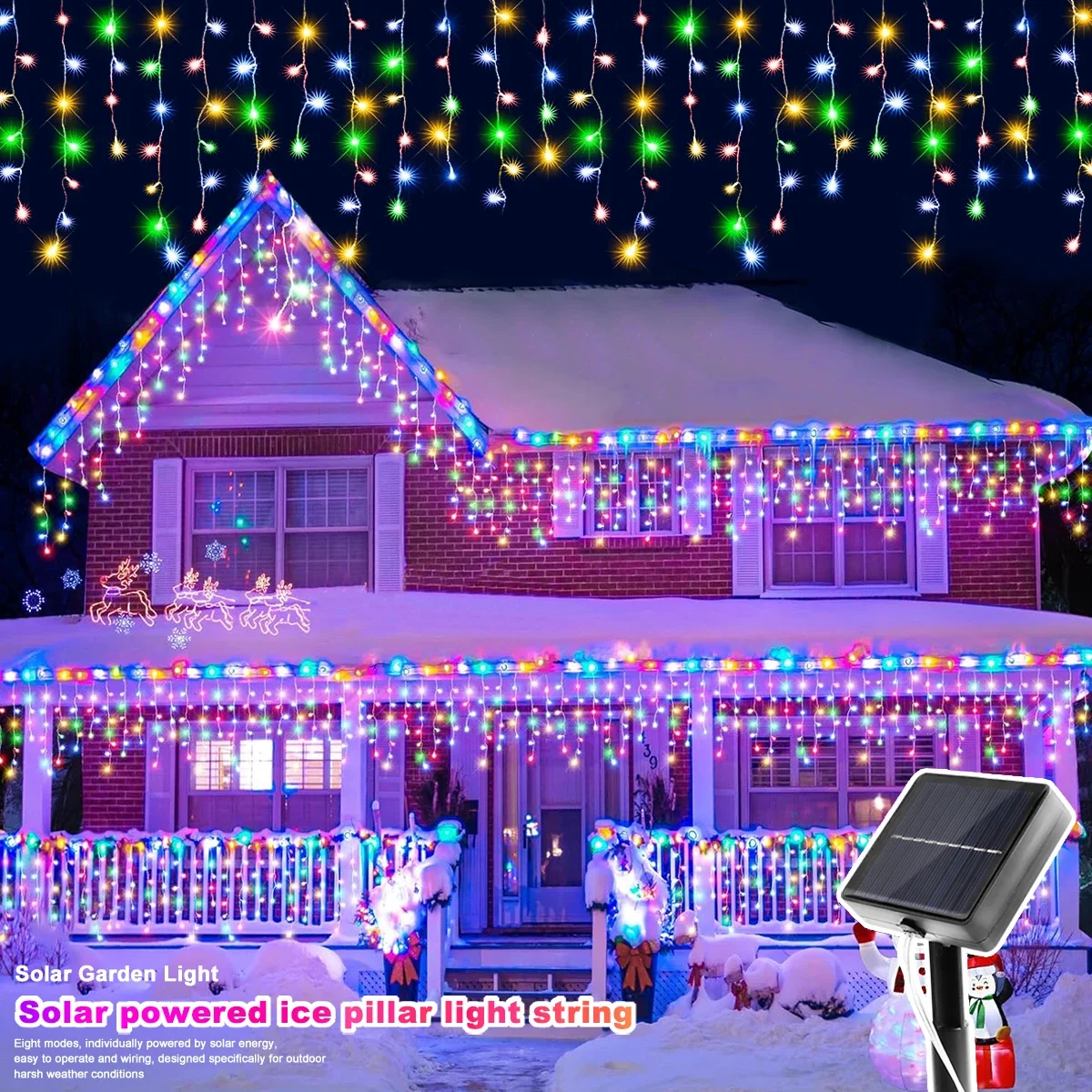 Luces solares de carámbanos para cortina, luces navideñas para exteriores, impermeables, decoración de aleros, cadena de luces para patio, fiesta, decoraciones navideñas
