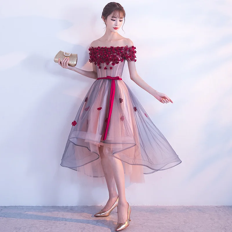 สูงต่ำใหม่ดอกไม้ชุดเดรสเพื่อนเจ้าสาว Elegant เรือคอสั้นแขนไข่มุก Robe De Soiree ชุดเจ้าหญิง