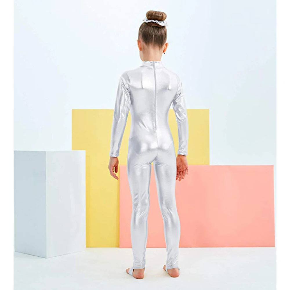 AOYLISEY เด็กแขนยาว METALLIC Unitards Stirrups เต้นรํายิมนาสติก Leotards สาวเงา Dancewear STAGE Performance แสดงชุด