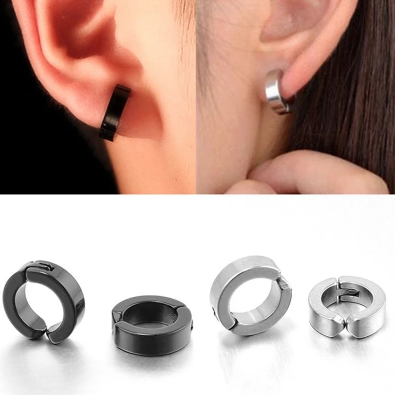 2 pçs clássico coreano punk aço inoxidável clipe de orelha brincos para homens mulheres preto sem piercing falso orelha círculo nova pop jóias