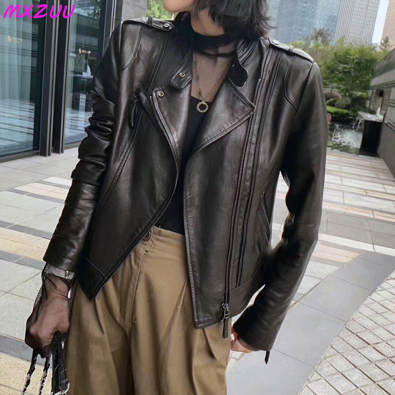 Abrigo corto de cuero para mujer, chaqueta negra de piel de oveja auténtica que combina con todo, Chaqueta con bolsillo y cremallera, moda europea