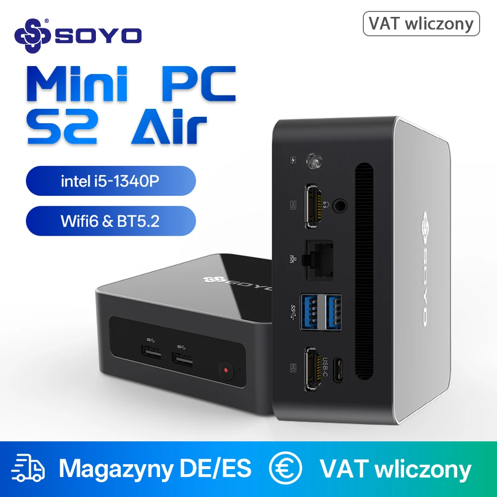Soyo mini pc intel core i5-1340P (bis zu 4,6 ghz), s2 air mini desktop computer 16gb ddr4 1tgb m.2 nvme ssd typ c wifi 6 & bt 5,2
