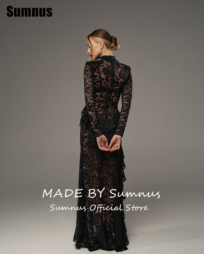 SUMNUS ลูกไม้สีดํา Mermaid Prom Dress Elegant แขนยาวเซ็กซี่ Side Slit ชุดราตรีภาพลวงตา Gowns อย่างเป็นทางการที่กําหนดเอง