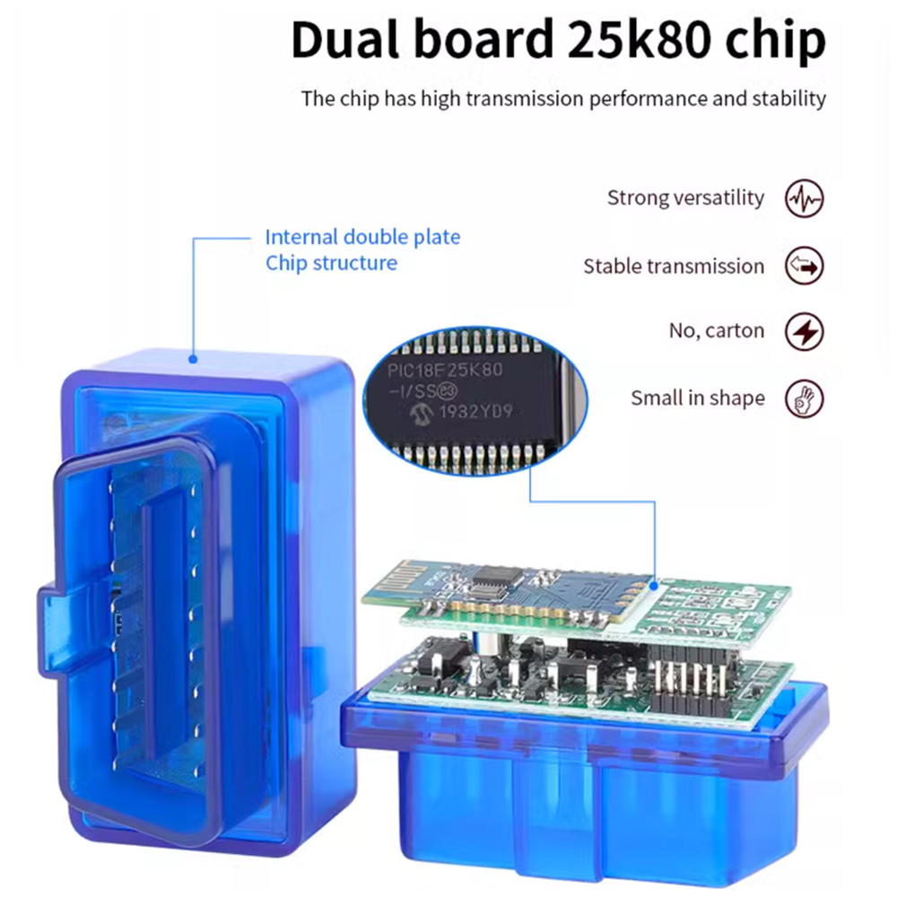 Hardware de 2 capas V1.5 Chip PIC18F25K80 ELM327 Bluetooth V1.5 lector de código automático Super MINI ELM 327 funciona Android Symbian doble PCB