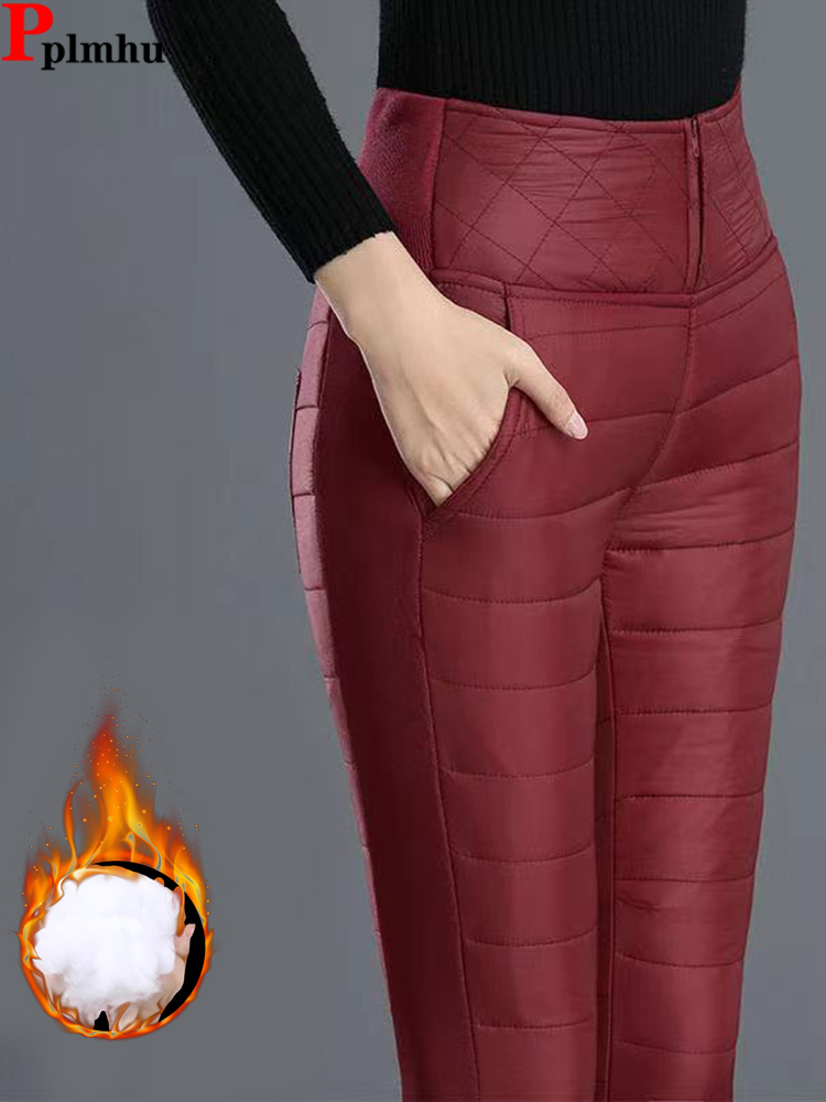 女性黒スリム厚みの Pantalones 冬暖かいダウン綿シックなペンシルパンツスノーウェア弾性ハイウエストオーバーサイズ 6xl Spodnie