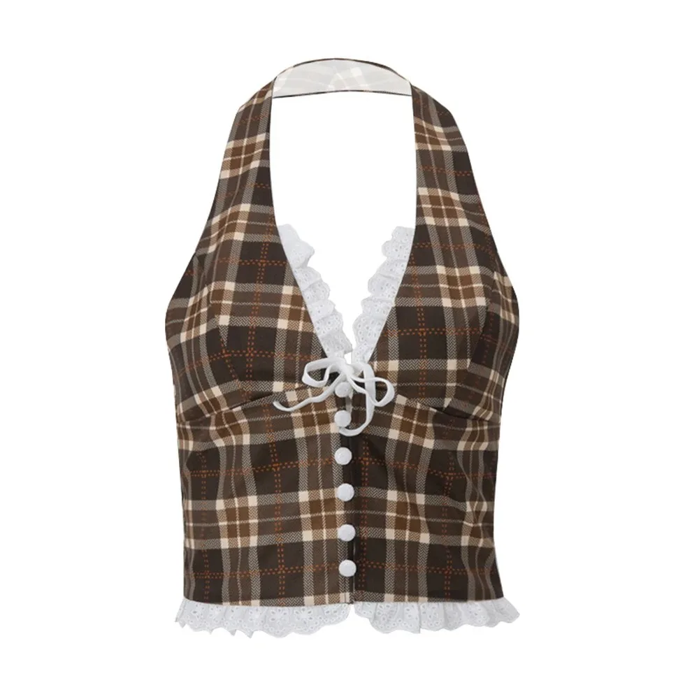 Top feminino halterneck xadrez estampado com decote em V sem costas renda slim regata com enfeite de laço