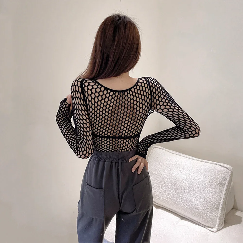 ゴシックセクシーな黒網タイツメッシュシースルー Tシャツ女性スキニーゴス中空アウト長袖シャツクロップトップ Tシャツストリート