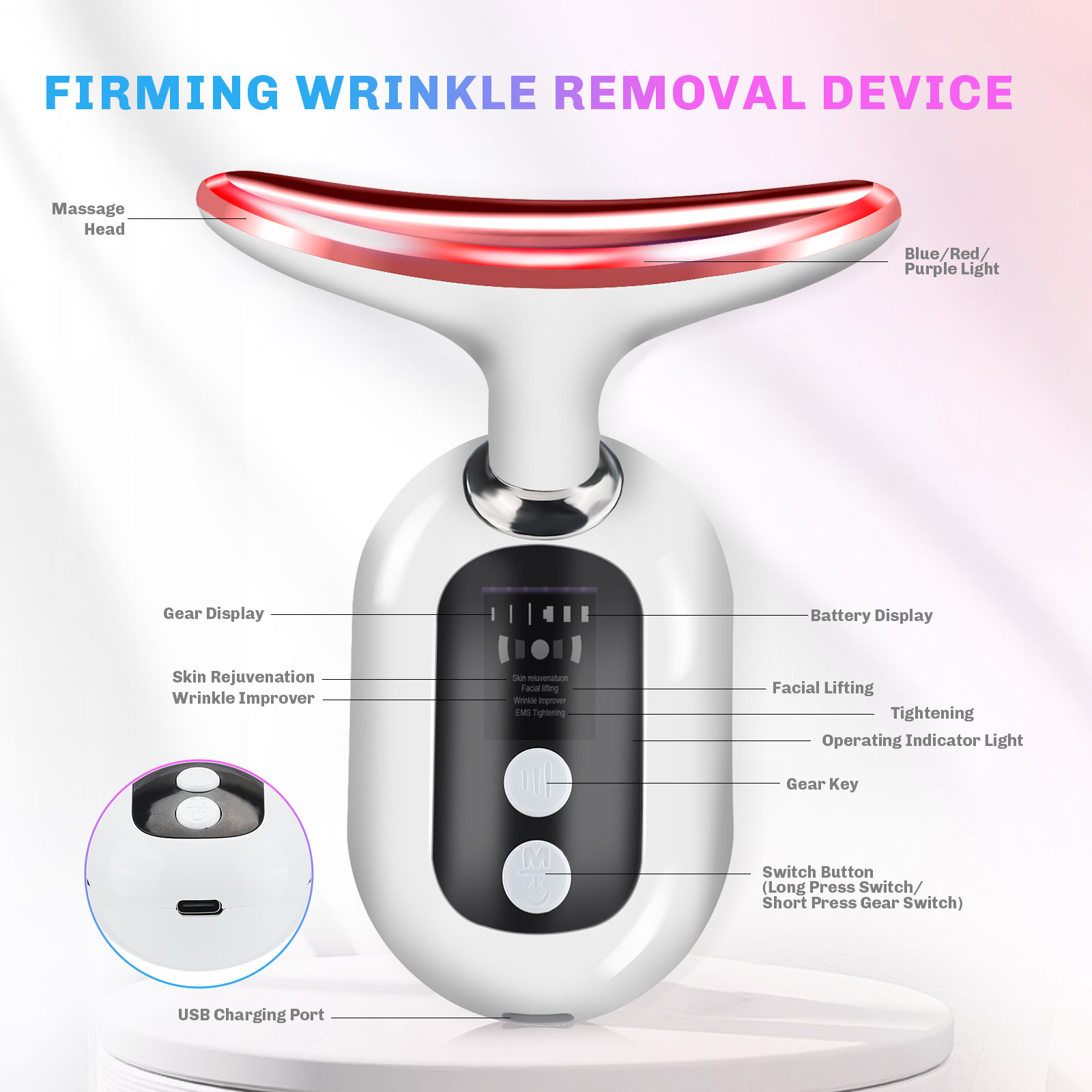 Appareil de beauté du cou et du visage EMS, masseur de Lifting du visage, dissolvant de Double menton, élimination des rides, thérapie à la lumière LED, raffermissement de la peau