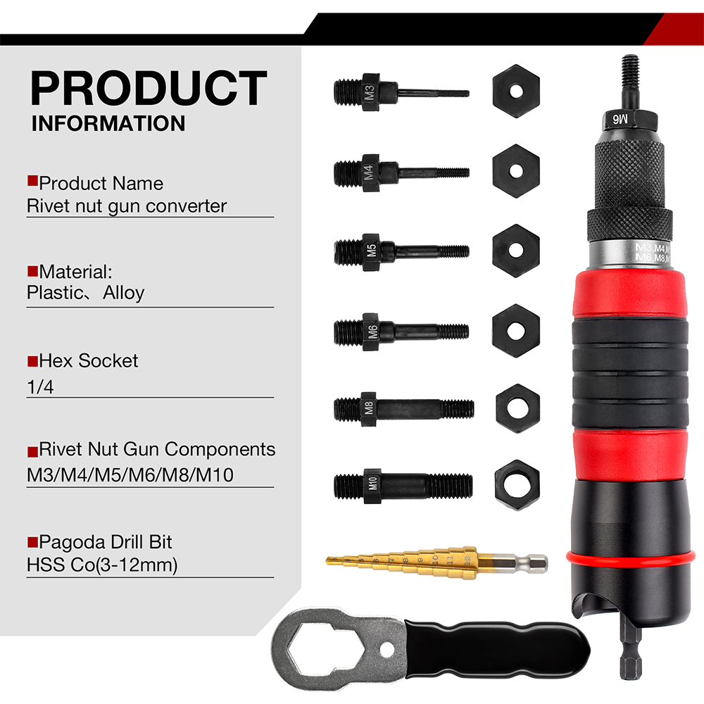 Moer klinkmachine M3 M4 M5 M6 M8 M10, industriële kwaliteit snel klinkgereedschap, elektrisch klinkmoerpistool, inclusief 3-12 mm boor