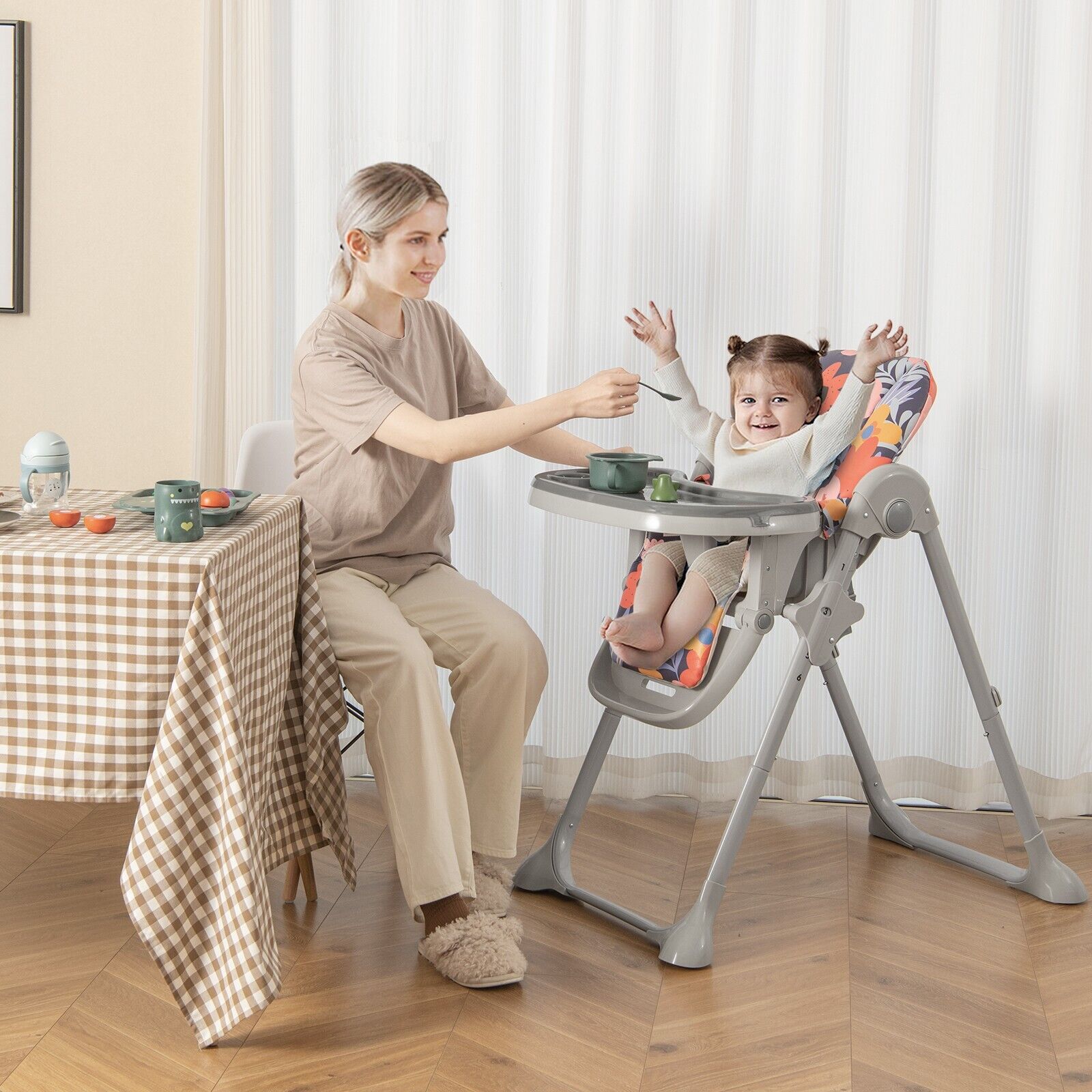 GOFLAME Folding Baby Highchair Height Adjustable Feeding Chair W/ Recline Footrest &Tray
