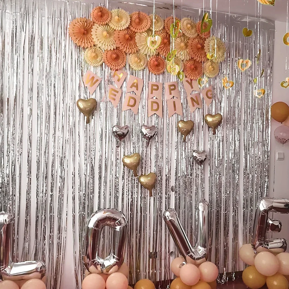 タッセル付きシルクレインカーテン,明るい背景の壁,結婚式の装飾,誕生日パーティー,1x2m, 6個