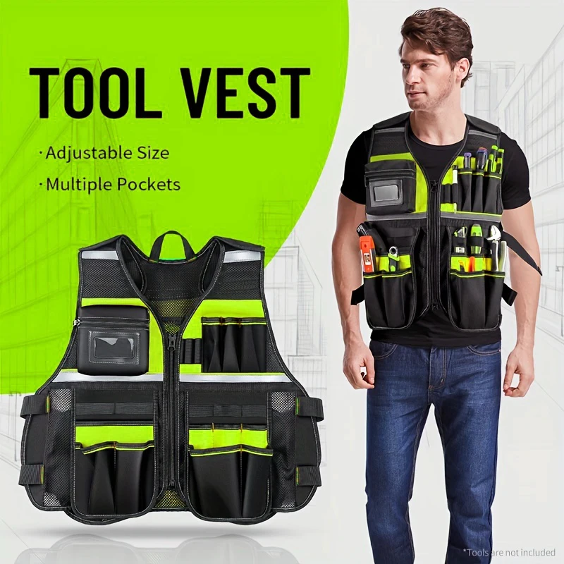 Abbigliamento da lavoro Gilet per attrezzi da lavoro completo Gilet di sicurezza riflettente con multitasche e cerniera Gilet per attrezzi resistente per elettricisti