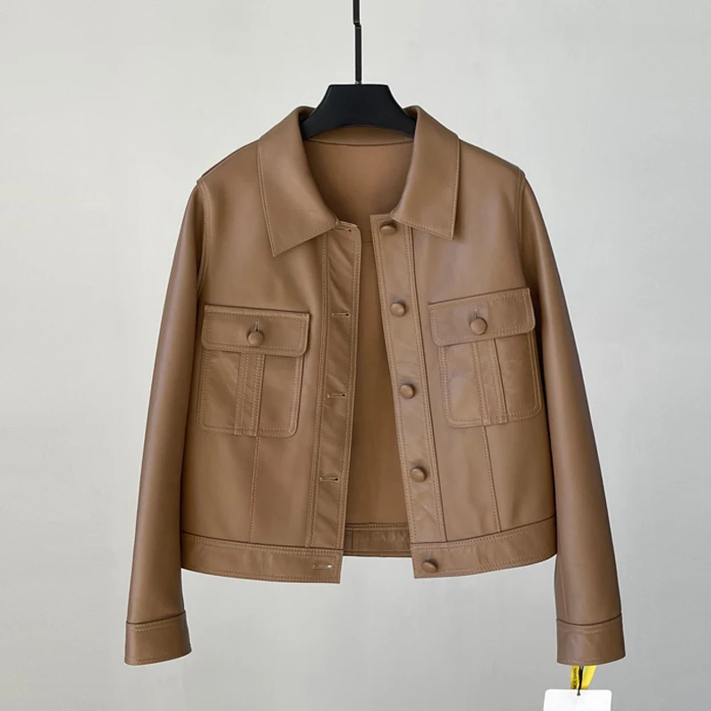 Casual einreiher Frauen Echt Leder Jacke Mäntel 2025, Herbst Revers Volle Hülse Weibliche Slim-fit Erste Schicht schaffell Jacken