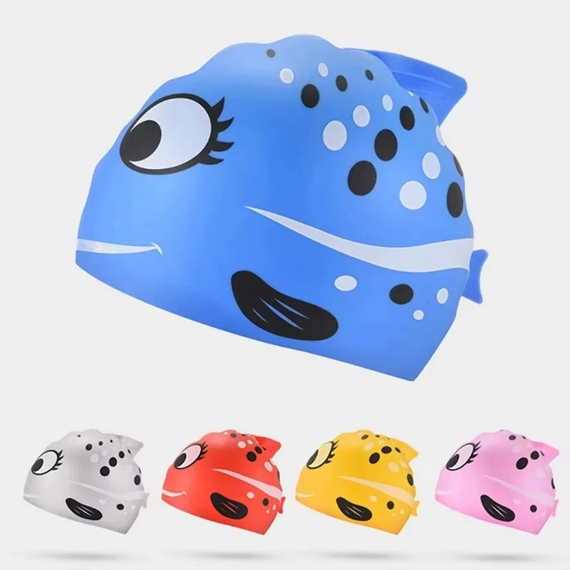 Gorro de natación de silicona resistente al agua con dibujos de peces para niños y niñas, gorro de natación cómodo y suave sin cabeza cortada