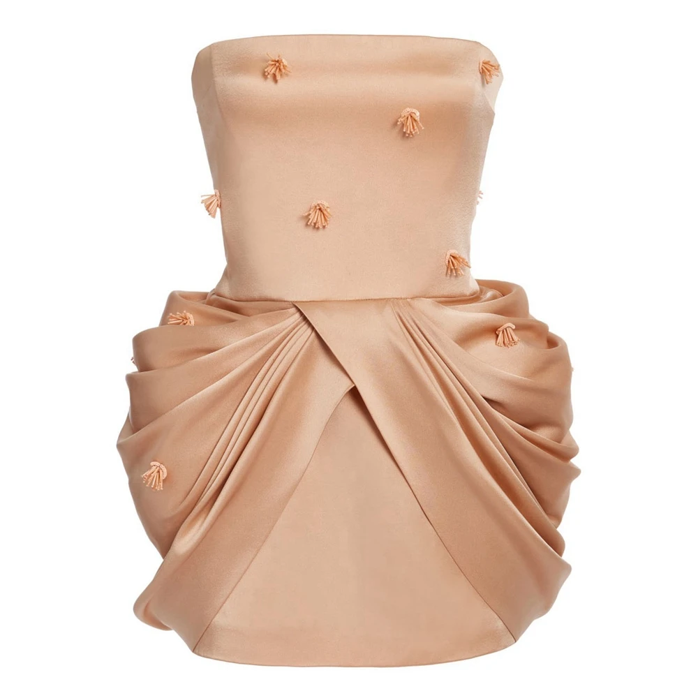 Mini vestido de fiesta largo con cuentas champán sin tirantes, ropa de mujer hecha a medida, vestido de cóctel plisado con cremallera, vestidos sin mangas