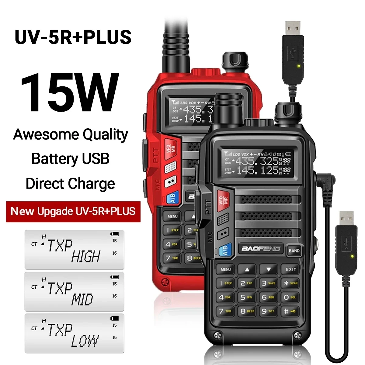 Baofeng UV-5R plus 15w uhf/vhf Tri-Power Walkie Talkie 50 km USB Langstrecken-Upgrade von UV 5r UV-10R S9 plus Funkgerät