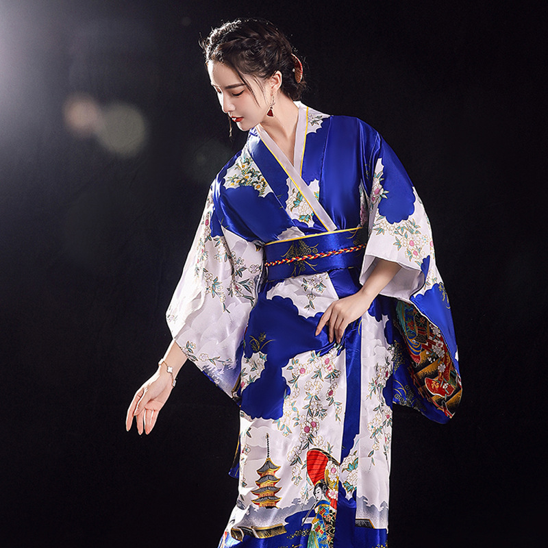 Tradycyjna japońska suknia kimono z Obi kobiety panie Geisha Haori Yukata Kimono suknia garnitur nadruk kwiat przewiewne sukienki kostium