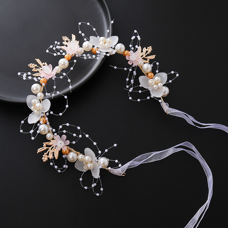Diadema de novia, diadema de flores de perlas, corona de flores para niños, accesorio para el cabello de princesa súper Hada, diadema, cinta