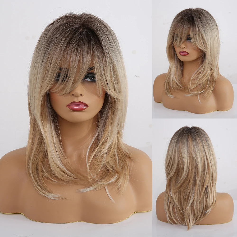EASIHAIR Tổng Hợp Bộ Tóc Giả Dành Cho Nữ Ombre Nâu Tóc Vàng Tóc Giả Với Nổ Lớp Cosplay Bộ Tóc Giả Chịu Nhiệt Độ Dài Trung Bình Tóc Giả