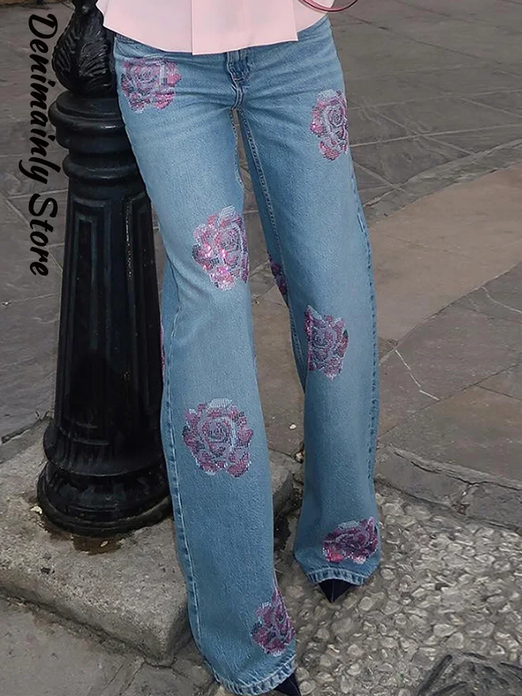 Pantalones vaqueros informales con forma de flor y diamantes de imitación para mujer, Pantalón recto holgado de cintura baja, nueva moda 2025, pantalones de calle para mujer