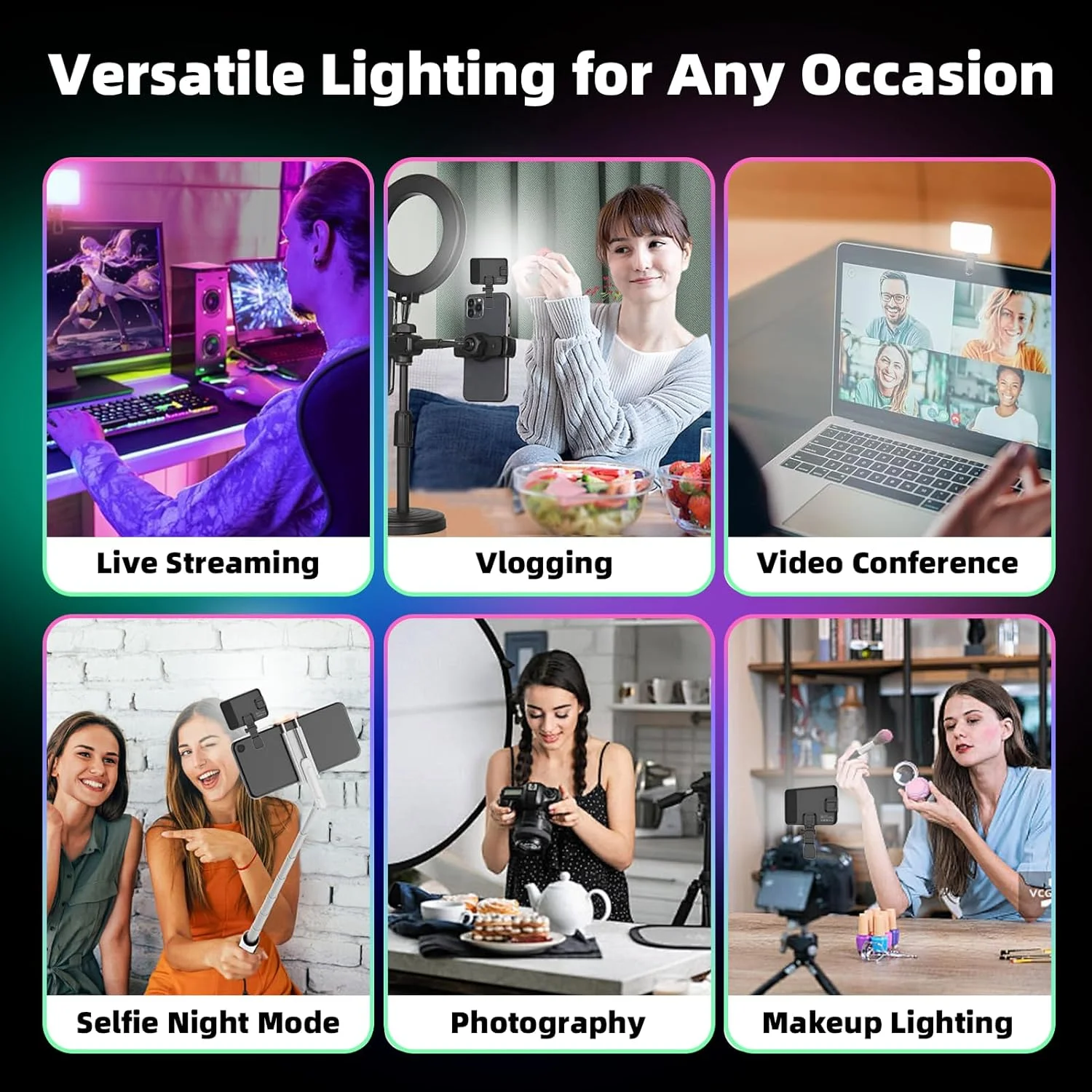 108 LED RGB Luz de câmera com saída colorida Kit de luz de vídeo regulável 2500K-9000K Painel de luz bicolor CRI 95 + recarregável