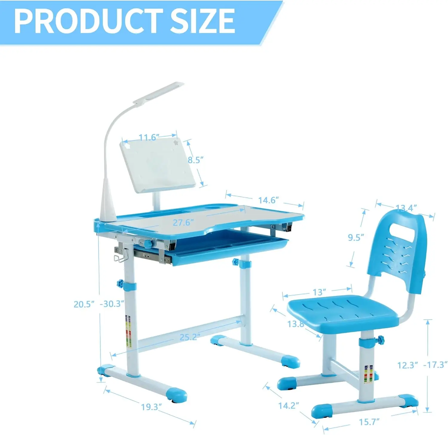 Kids Study Desk and Chair Set, Multi Functional Height Adjustable Children School Study Desk with Tilt Desktop, LED Light