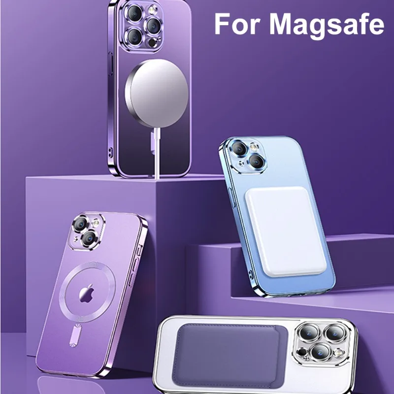 Chapado de lujo para funda magnética Magsafe para iPhone 16 15 14 13 12 11 Pro Max Plus cubierta de carga inalámbrica con Protector de lente
