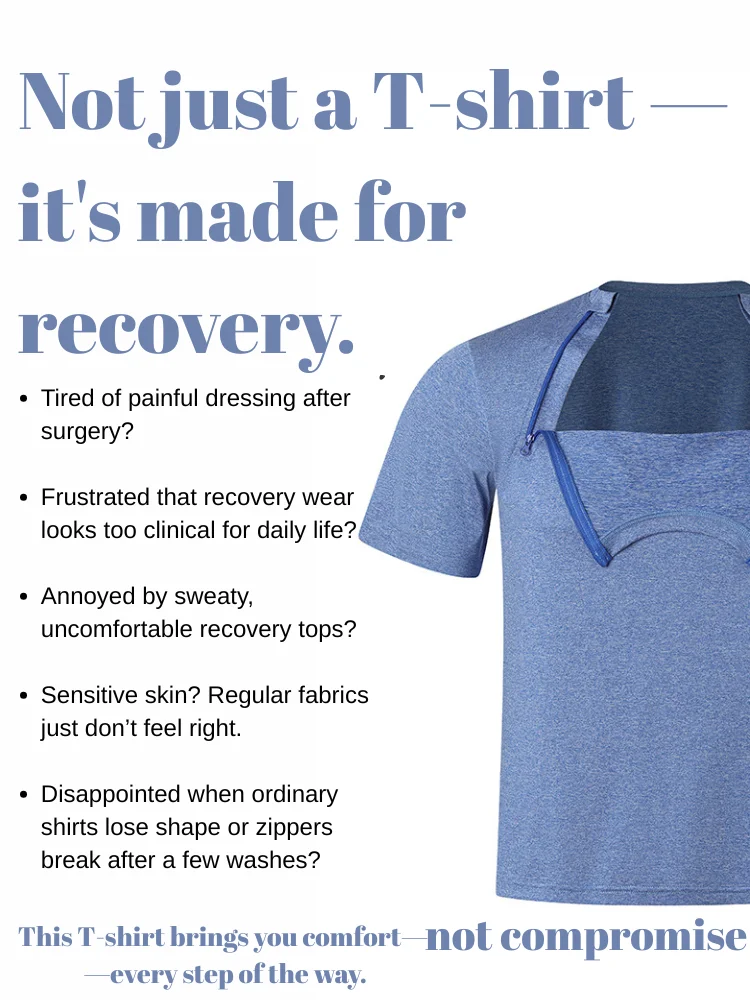 Schouderoperatie- en chemo-poorttoegangsshirt – Tear-Away adaptieve hersteltop met drukknopen aan de zijkant, korte mouw voor heren en dames