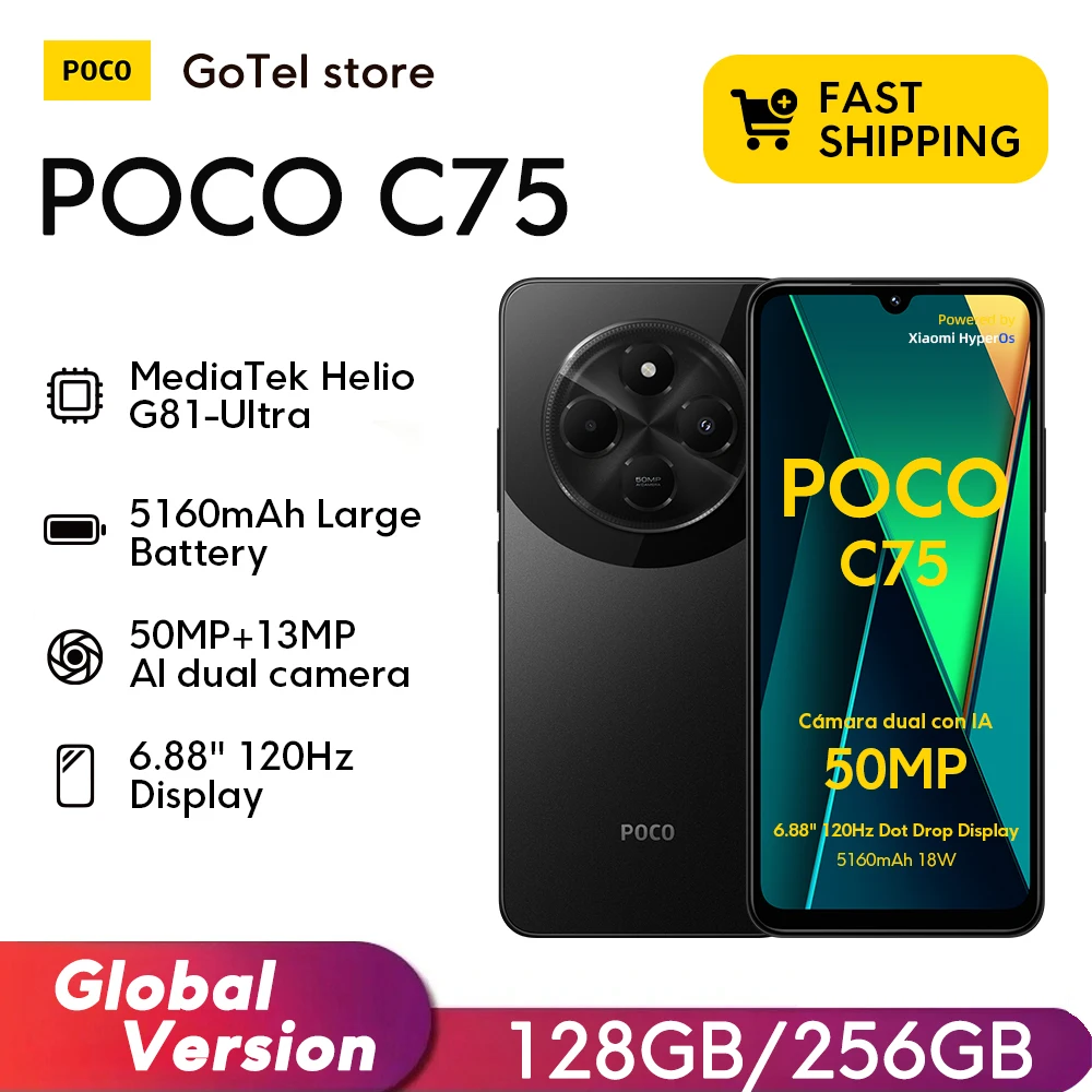 POCO C75-大容量バッテリー,NFCサポート,Helio G81-Ultra, 50MPカメラ,6.88インチ,120Hzディスプレイ,5160mAh,ワールドプレミア