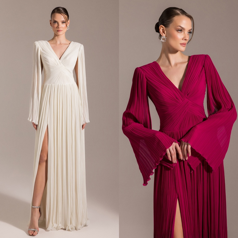 Personalizado requintado retro chiffon cruzado drapeado plissado a linha com decote em v vestidos longos sob medida vestidos de ocasião moda elegante