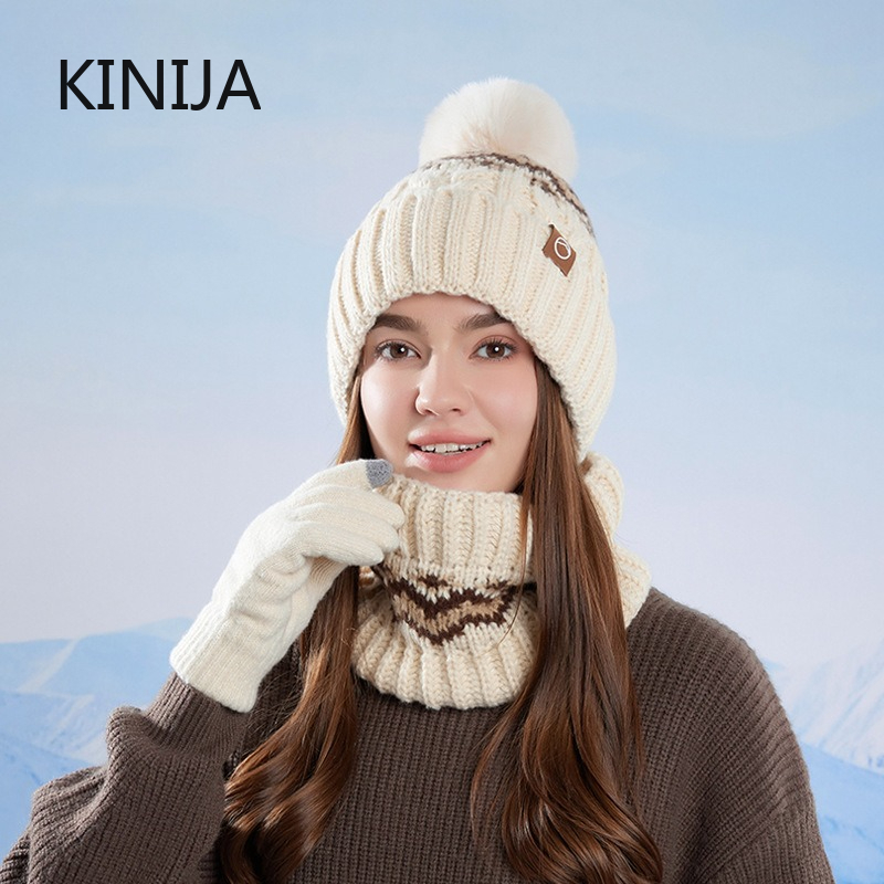 Women's Knitted Hat Beanie Cap Winter Coldproof Hat Scarf Gloves Sets Outdoor Warm Windproof Hat Fit Skiing Traveling Set