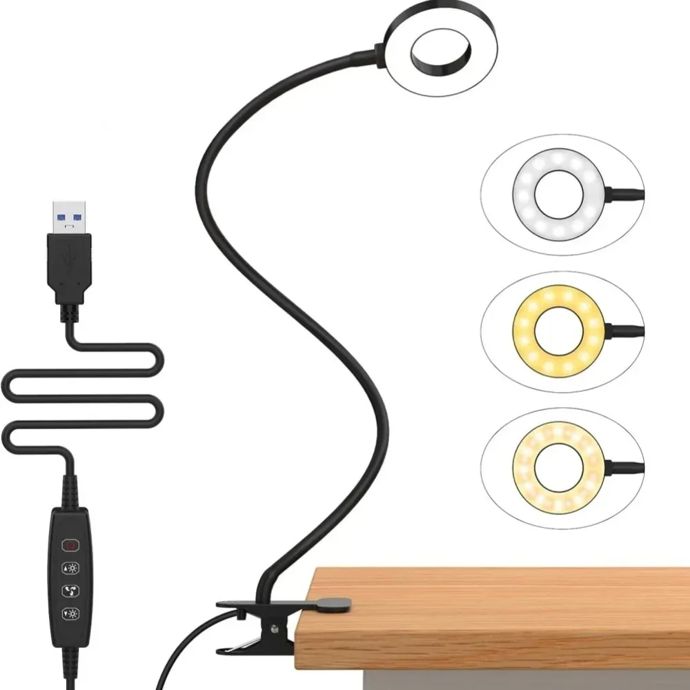 48 LED USB Luz de libro Clip Lámpara de escritorio Luz de lectura con 3 modos de color 10 Atenuador de brillo 360 °   Lámpara de noche de cama con cuello de cisne flexible