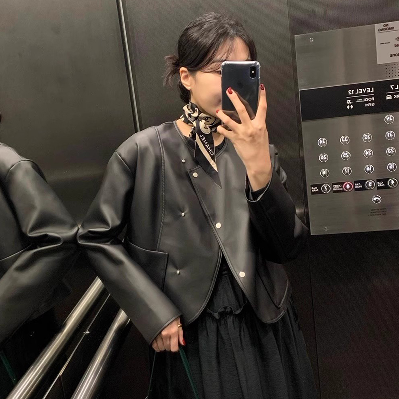 Retro Chic PU Leather Jacket Short Outerwear Women's Loose Long Sleeve Asymmetrical Buckle Design Fall Winter New Sle