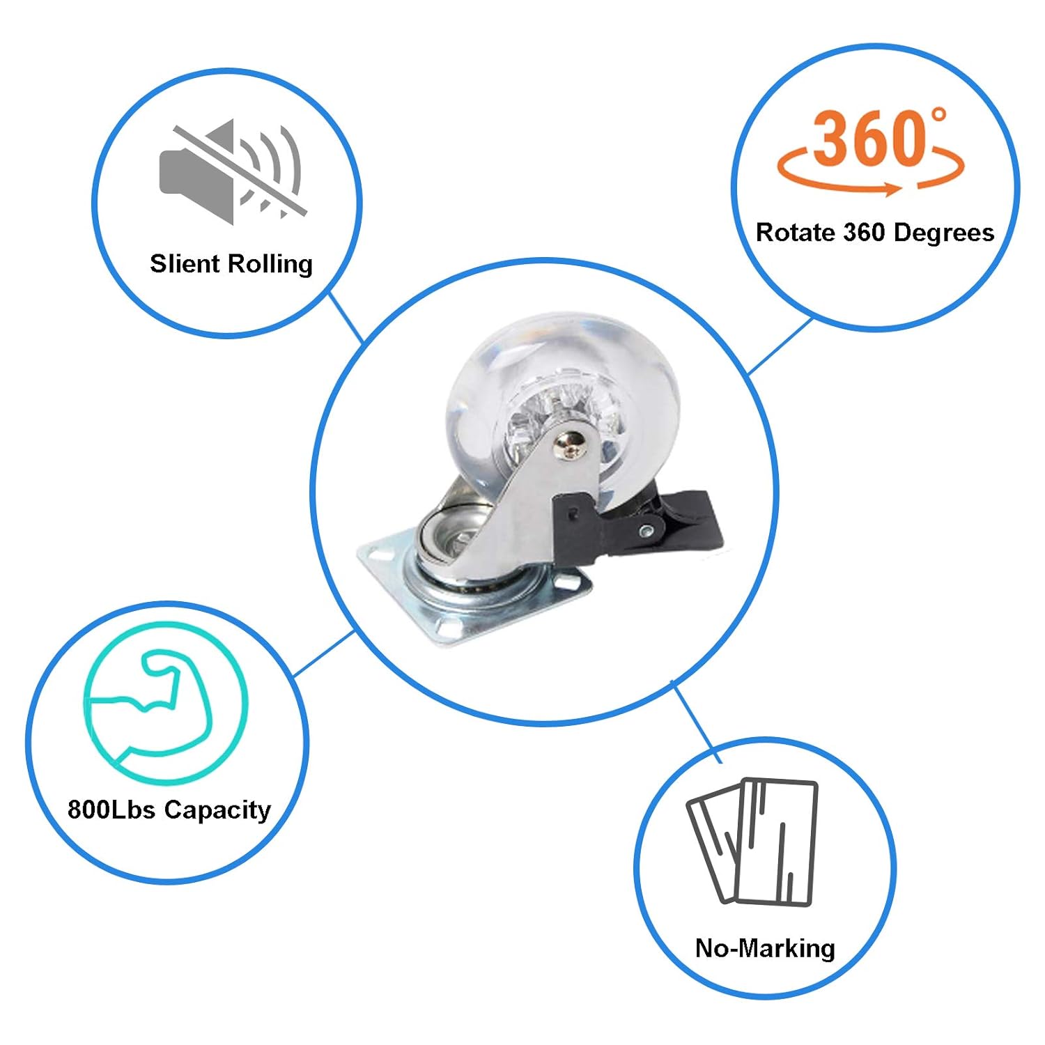 Swivel Caster Wheels 3 Inch,Heavy Duty Casters Set of 4 with Brake,800Lbs Clear Polyurethane Furniture Wheels for Workbench
