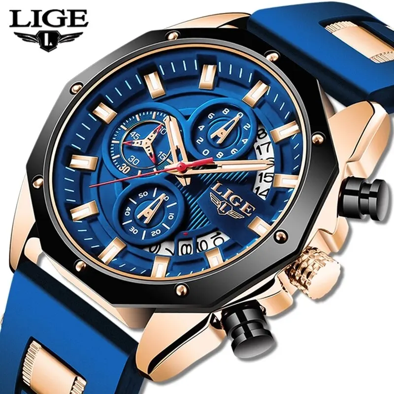 LIGE Moda Homens Relógios Top Marca de Luxo Silicone Esporte Relógio Homens Quartzo Data Relógio de Pulso À Prova D 'Água Cronógrafo Homem