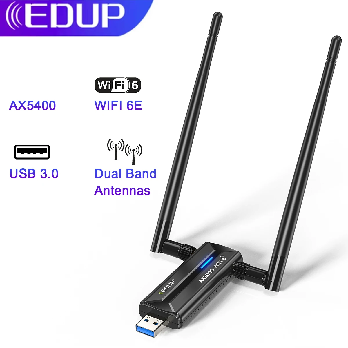 EDUP AX1672 WiFi 6E Сверхбыстрая высокоскоростная беспроводная сетевая карта USB 3.0 3000 Мбит/с Адаптер Wi-Fi Трехдиапазонная антенна 2,4G 5G 6G